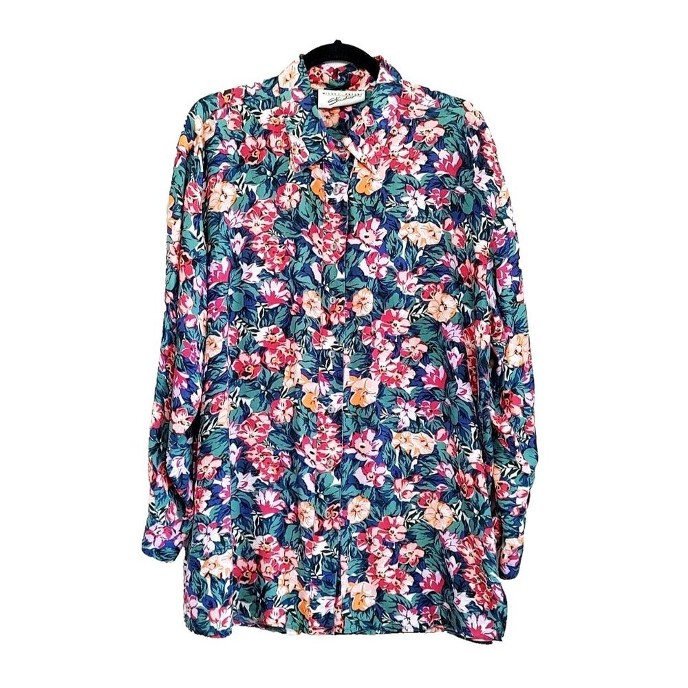 Michel Antoni Studio Silk Blouse Floral Womens Size 14 Button Up Grannycore